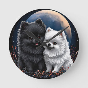 Adorable Black and White Pomeranian Puppies Round Clock