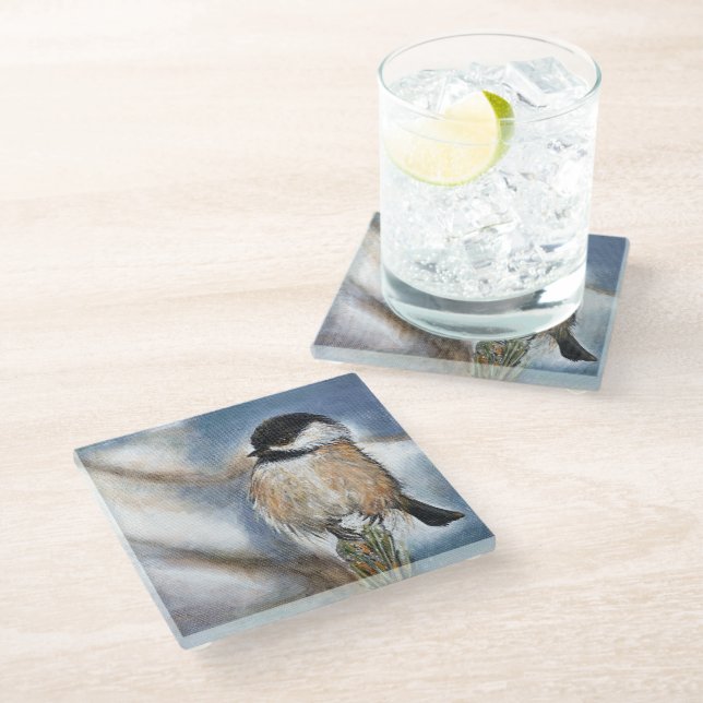 Adorable Black Capped Chickadee Bird Glass Coaster (Angled)