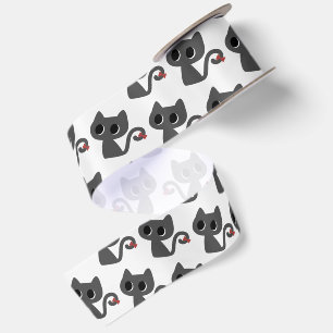 Adorable Black Cat Drawing Satin Ribbon