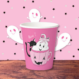 Adorable Black Cat Ghost Pink Halloween Paper Cup
