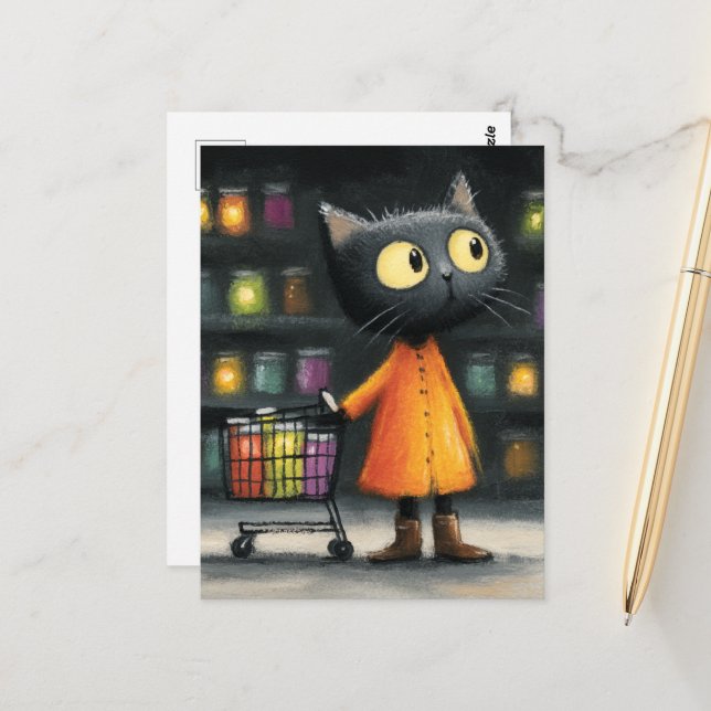 Adorable black cat grocery shopping postcard (Front/Back In Situ)