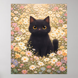 Adorable Black Cat in a Field of Daisies Poster