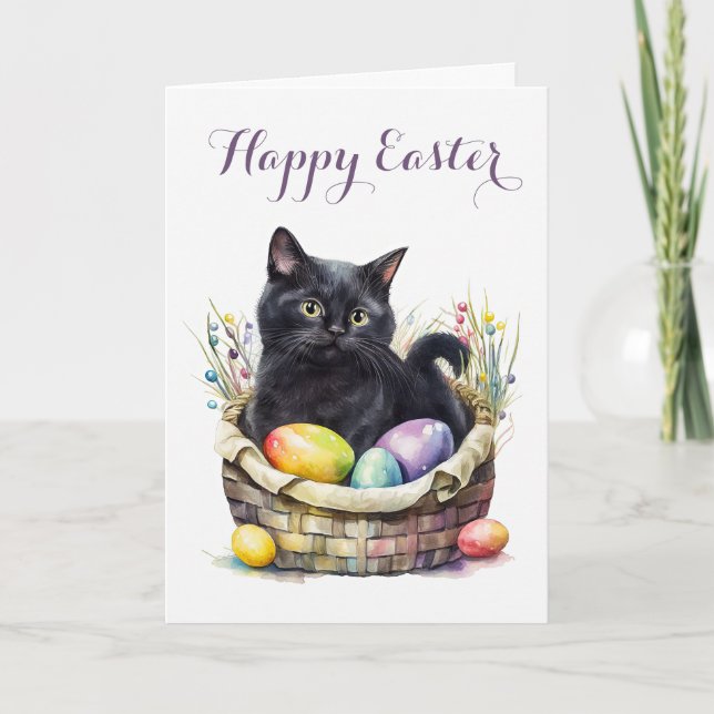 Adorable Black Cat in Easter Basket Holiday Card (Front)