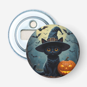 Adorable Black Cat Wearing Witch Hat Bottle Opener