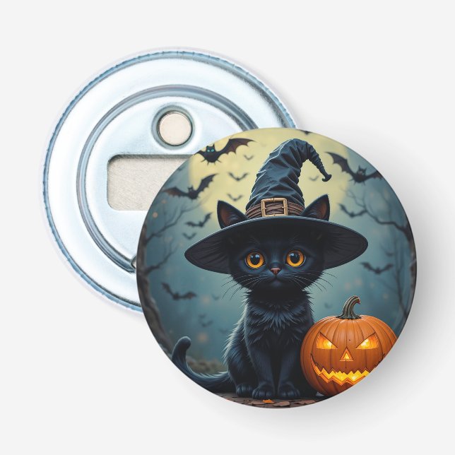 Adorable Black Cat Wearing Witch Hat Bottle Opener (Front)