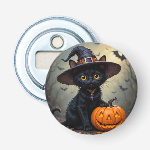 Adorable Black Cat Wearing Witch Hat Bottle Opener