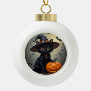 Adorable Black Cat Wearing Witch Hat Ceramic Ball Christmas Ornament