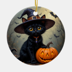 Adorable Black Cat Wearing Witch Hat Ceramic Tree Decoration