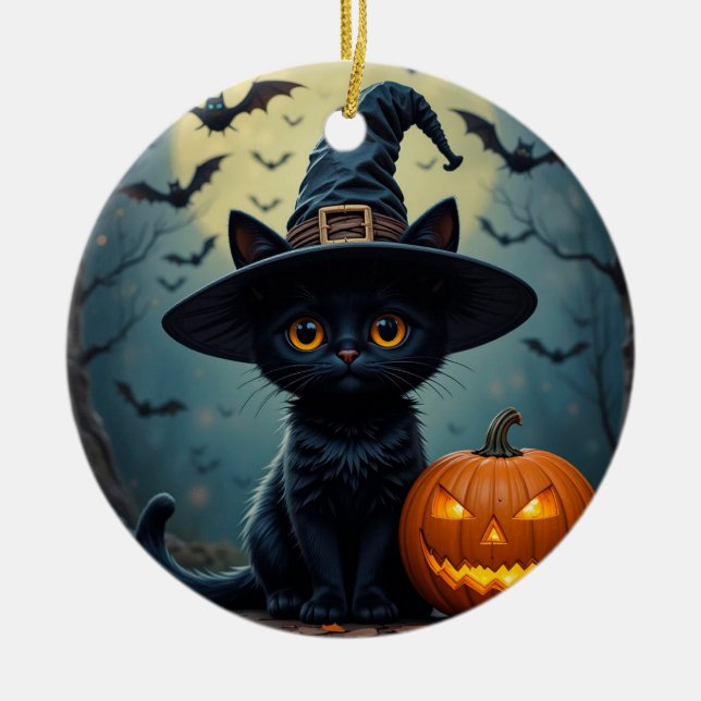 Adorable Black Cat Wearing Witch Hat Ceramic Tree Decoration (Front)