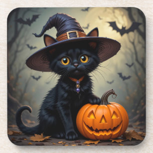 Adorable Black Cat Wearing Witch Hat Coaster