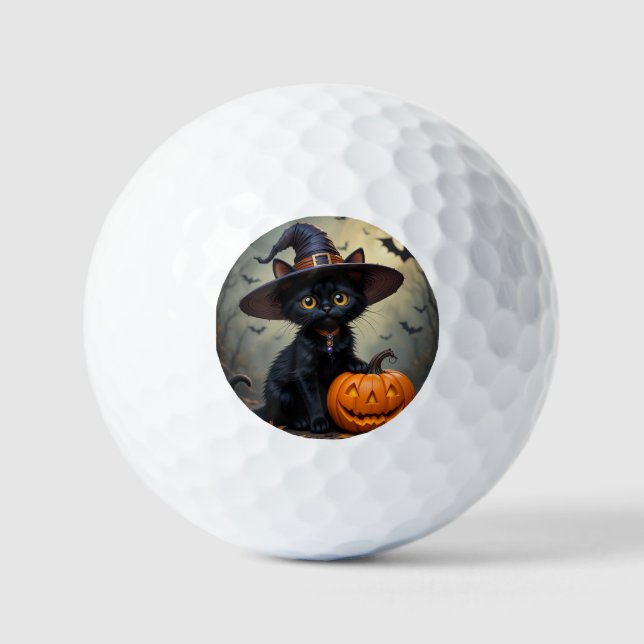 Adorable Black Cat Wearing Witch Hat Golf Balls (Front)