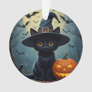 Adorable Black Cat Wearing Witch Hat Ornament