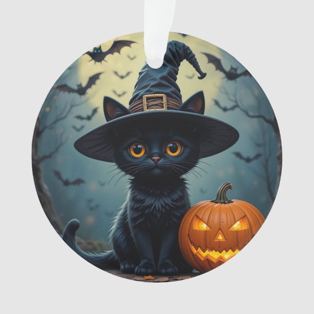 Adorable Black Cat Wearing Witch Hat Ornament (Front)
