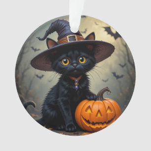Adorable Black Cat Wearing Witch Hat Ornament