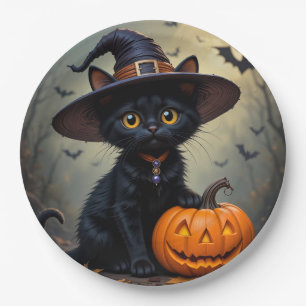 Adorable Black Cat Wearing Witch Hat Paper Plate