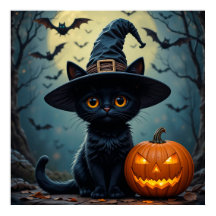 Adorable Black Cat Wearing Witch Hat