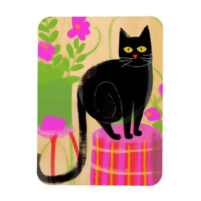 Adorable Black Cat With Houseplants Magnet (Vertical)