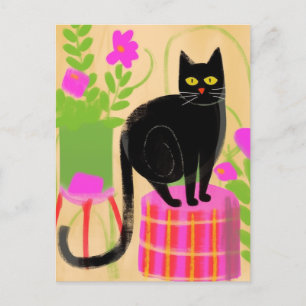 Adorable Black Cat With Houseplants Postcard