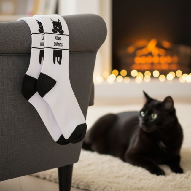 Adorable Black Cat with Name Crew Socks for Her (🐈‍⬛Cute custom name socks for black cat lovers❤️)