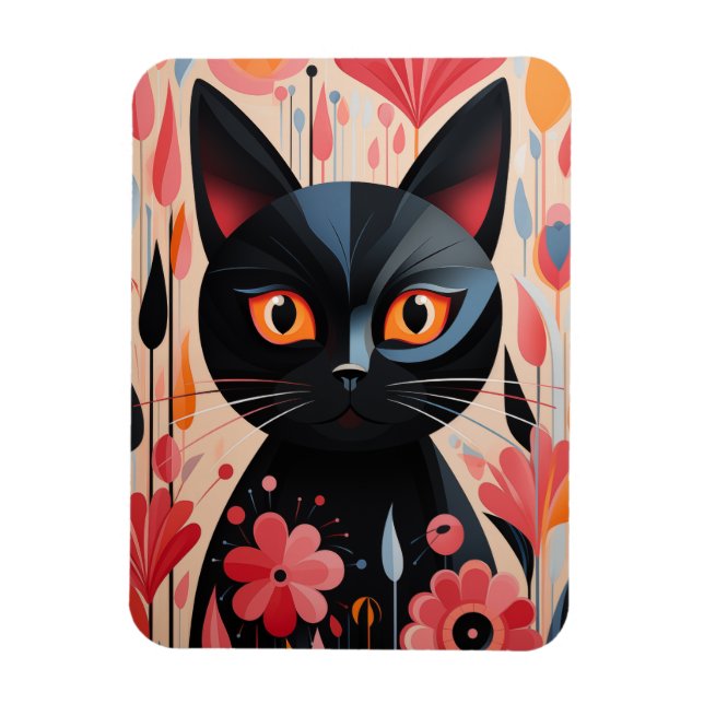 Adorable Black Cat With Pink Flowers Magnet (Vertical)