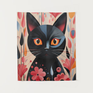 Adorable Black Cat With Pink Flowers Tapestry