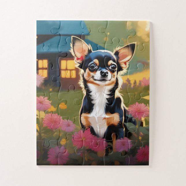 Adorable Black Chihuahua Puppy with Wildflowers Jigsaw Puzzle (Vertical)