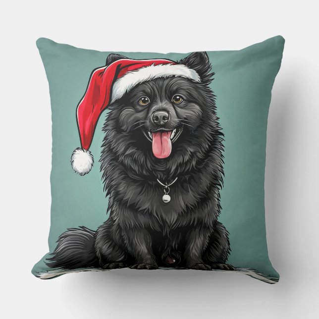 Adorable Black Dog Wearing Santa Hat Cushion (Front)