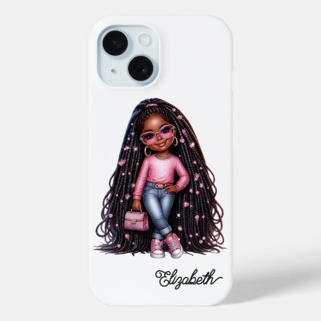 Adorable Black Girl Chibi Art with Pink Accents Case-Mate iPhone Case (Back)