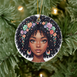 Adorable Black Girl W/ Flower Crown Afro Ceramic Tree Decoration