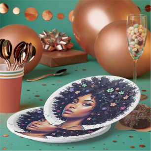 Adorable Black Girl With Floral Crown Afro Paper Plate