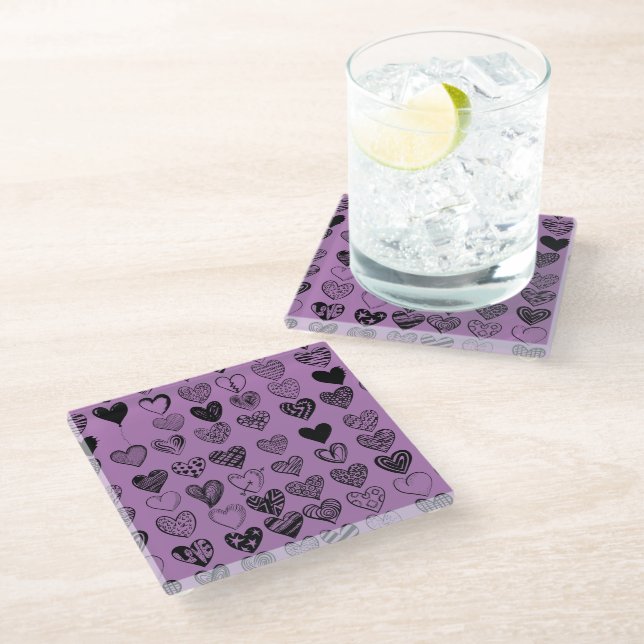 Adorable Black Heart Scribble Drawing Glass Coaste Glass Coaster (Angled)