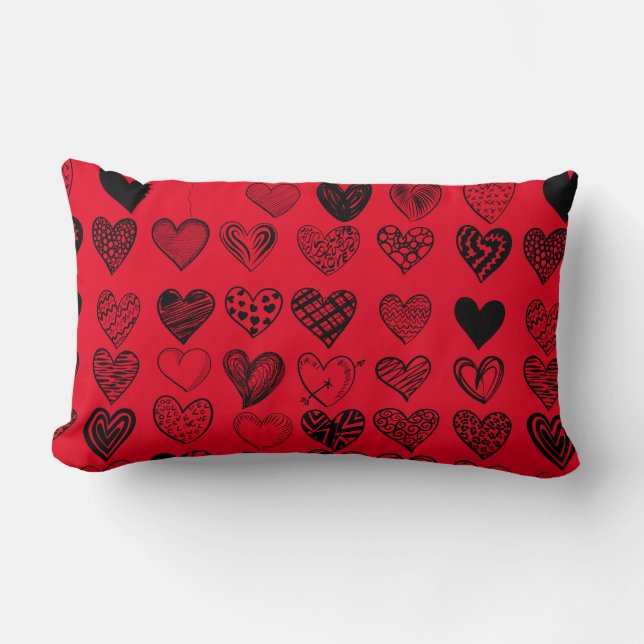 Adorable Black Heart Scribble Drawing Lumbar Cushion (Front)
