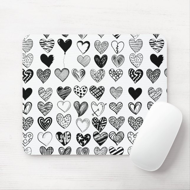 Adorable Black Heart Scribble Drawing Mouse Mat (With Mouse)
