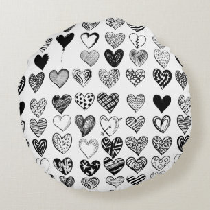 Adorable Black Heart Scribble Drawing Round Cushion