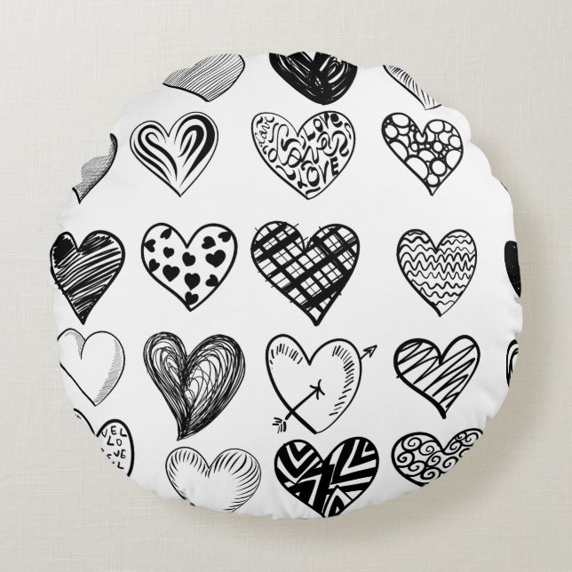 Adorable Black Heart Scribble Drawing Round Cushion (Front)