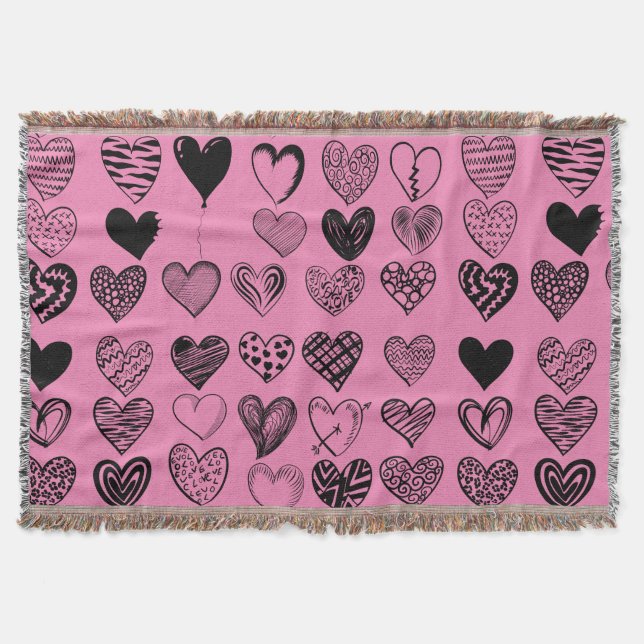 Adorable Black Heart Scribble Drawing Throw Blanke (Front)