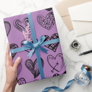 Adorable Black Heart Scribble Drawing Wrapping Pap Paper