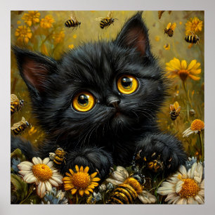 Adorable Black Kitten Among Flowers Poster