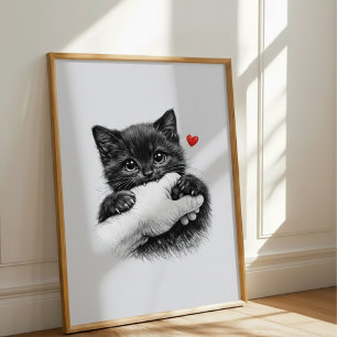 Adorable Black Kitten Biting Hand Poster
