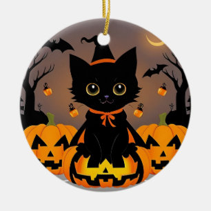 Adorable Black Kitten in Witch Hat Ceramic Tree Decoration