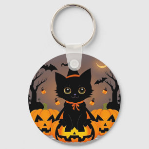 Adorable Black Kitten in Witch Hat Key Ring