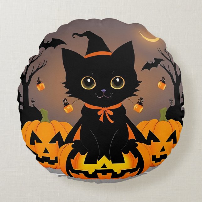 Adorable Black Kitten in Witch Hat Round Cushion (Front)