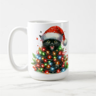 ADORABLE BLACK KITTEN WRAPPED IN CHRISTMAS LIGHTS COFFEE MUG