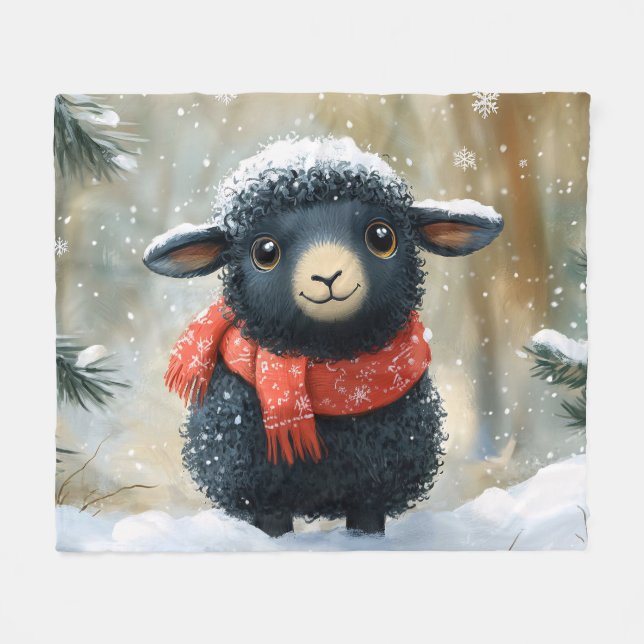Adorable Black Lamb With Red Scarf Fleece Blanket (Front (Horizontal))