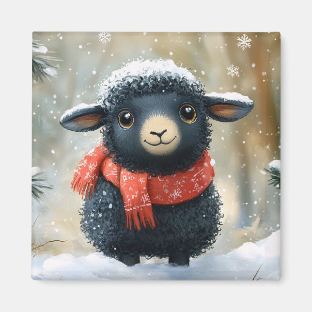 Adorable Black Lamb With Red Scarf Magnet (Front)