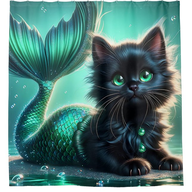 “Adorable Black Mermaid Kitten with Green Eyes" Shower Curtain (Front)