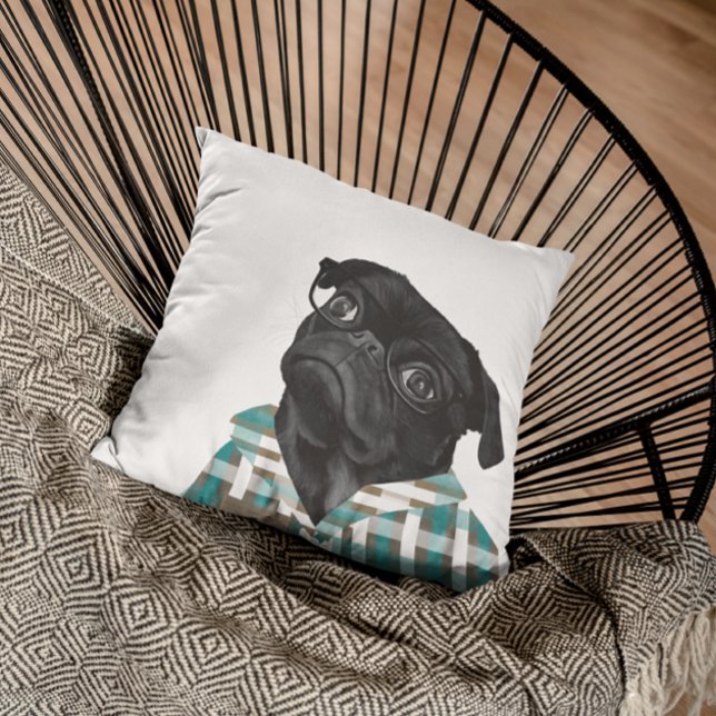 Adorable Black Pug With Glasses and Shirt Cushion (Creator Uploaded)