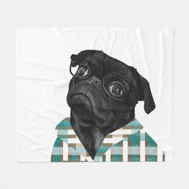 Adorable Black Pug With Glasses and Shirt Fleece Blanket (Front (Horizontal))