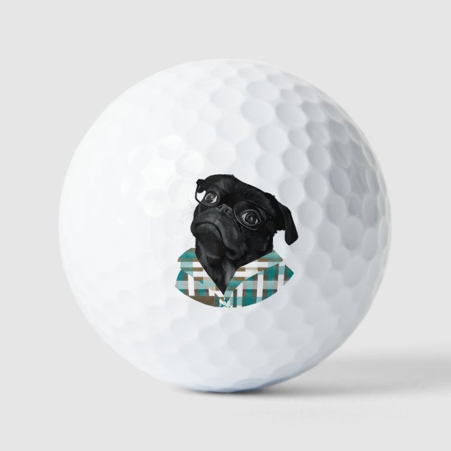 Adorable Black Pug With Glasses and Shirt Golf Balls (Front)