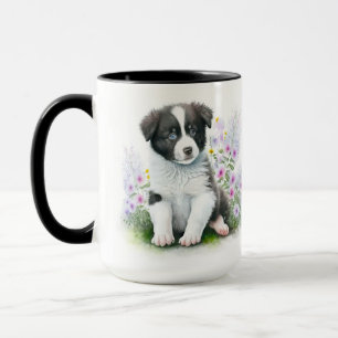 ADORABLE BLACK WHITE BORDER COLLIE PUPPY DOG MUG